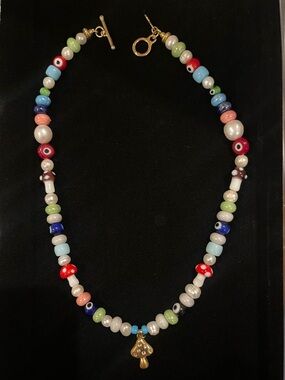 Gold Mushroom Pendant Multicolor Beaded Necklace - Women Jewelry